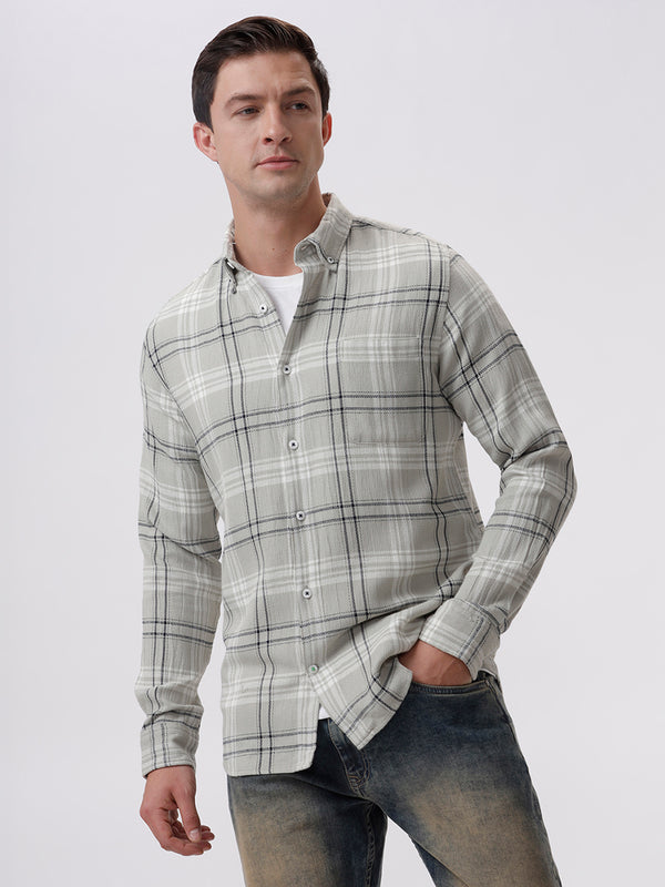 Men's Light Grey Cotton Full Sleeves Regular Collar Checked Shirt