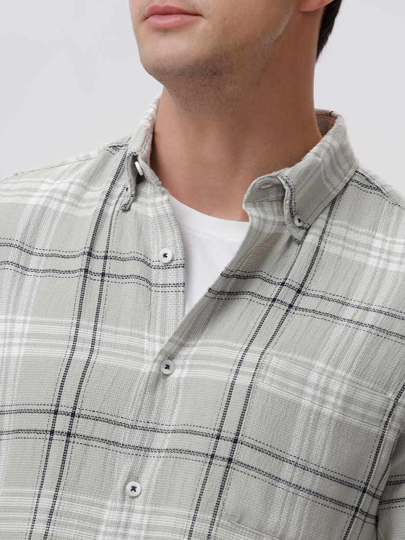 Men's Light Grey Cotton Full Sleeves Regular Collar Checked Shirt