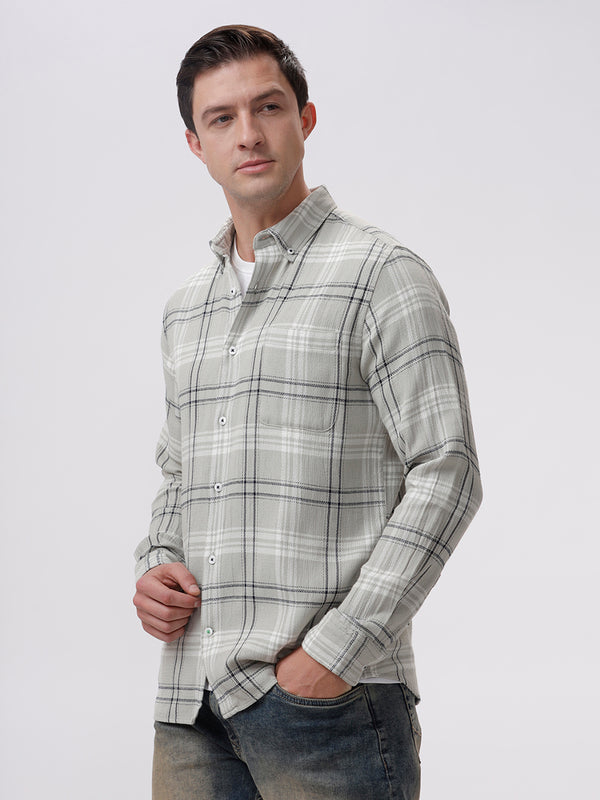 Men's Light Grey Cotton Full Sleeves Regular Collar Checked Shirt
