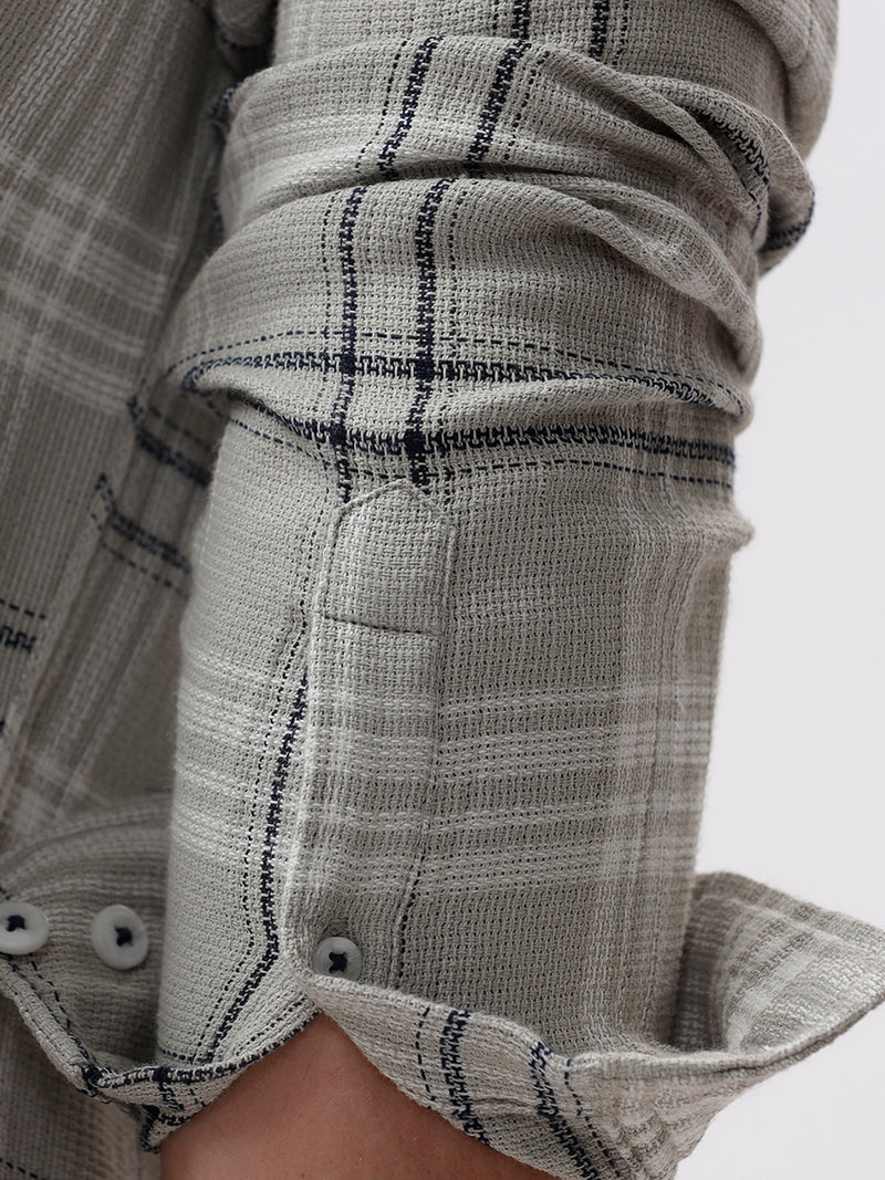 Men's Light Grey Cotton Full Sleeves Regular Collar Checked Shirt