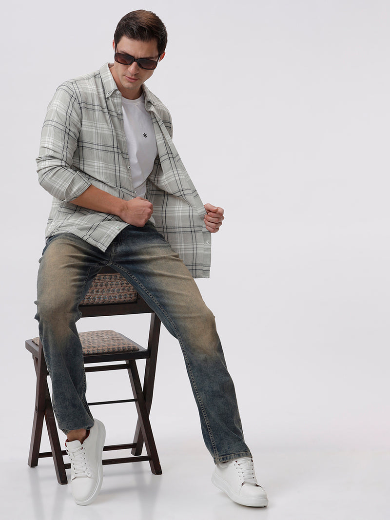 Men's Light Grey Cotton Full Sleeves Regular Collar Checked Shirt