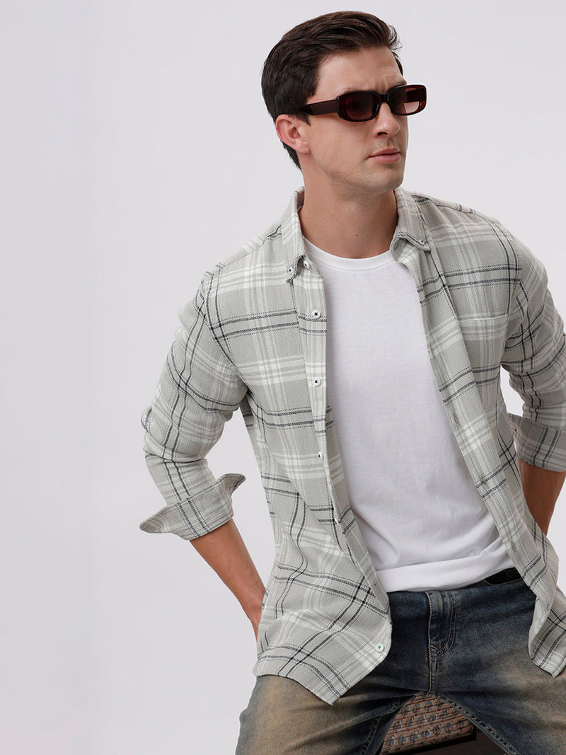 Men's Light Grey Cotton Full Sleeves Regular Collar Checked Shirt