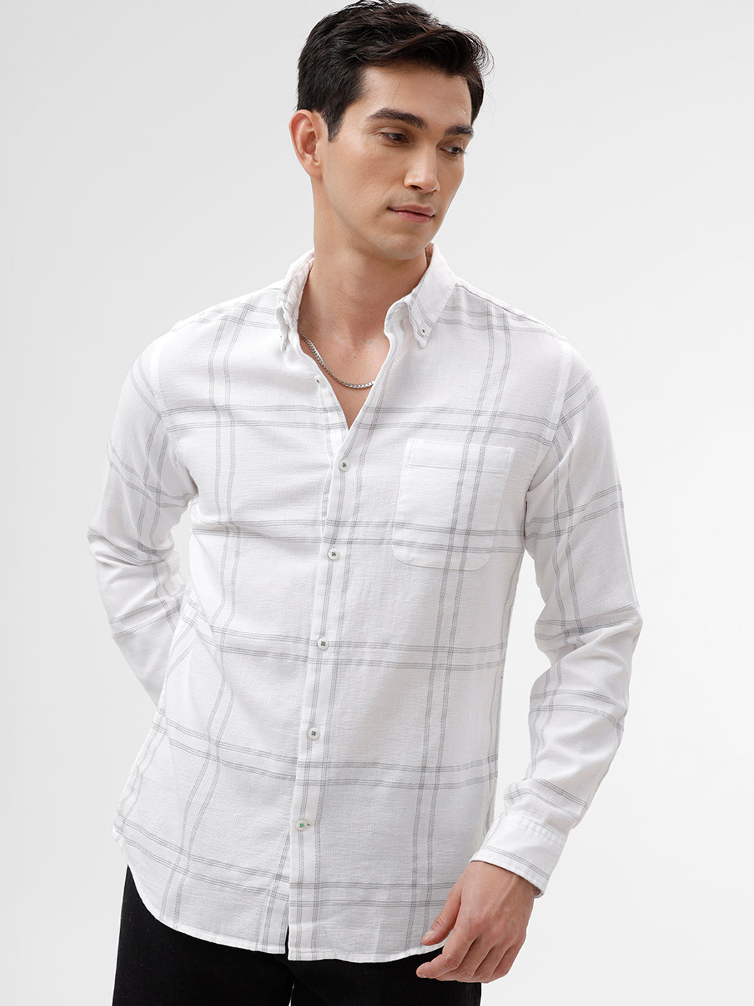 White Casual Shirt with Subtle Check Pattern – The Collection