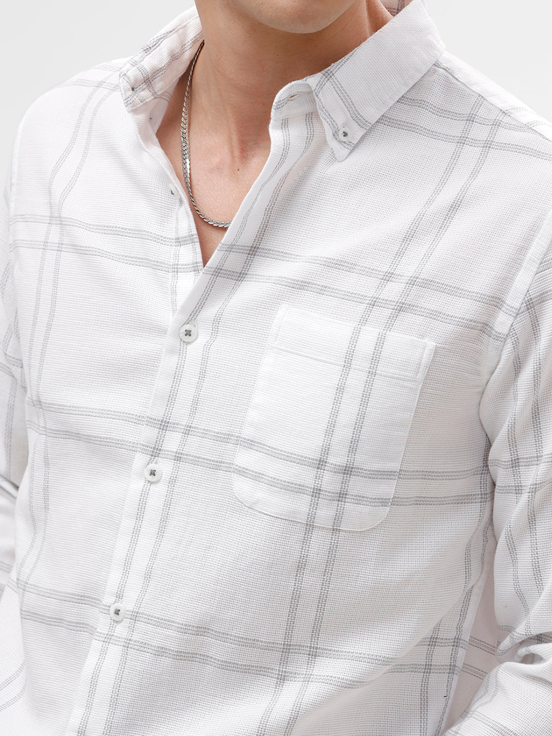 White Casual Shirt with Subtle Check Pattern – The Collection