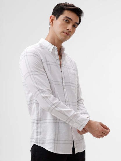 White Casual Shirt with Subtle Check Pattern – The Collection