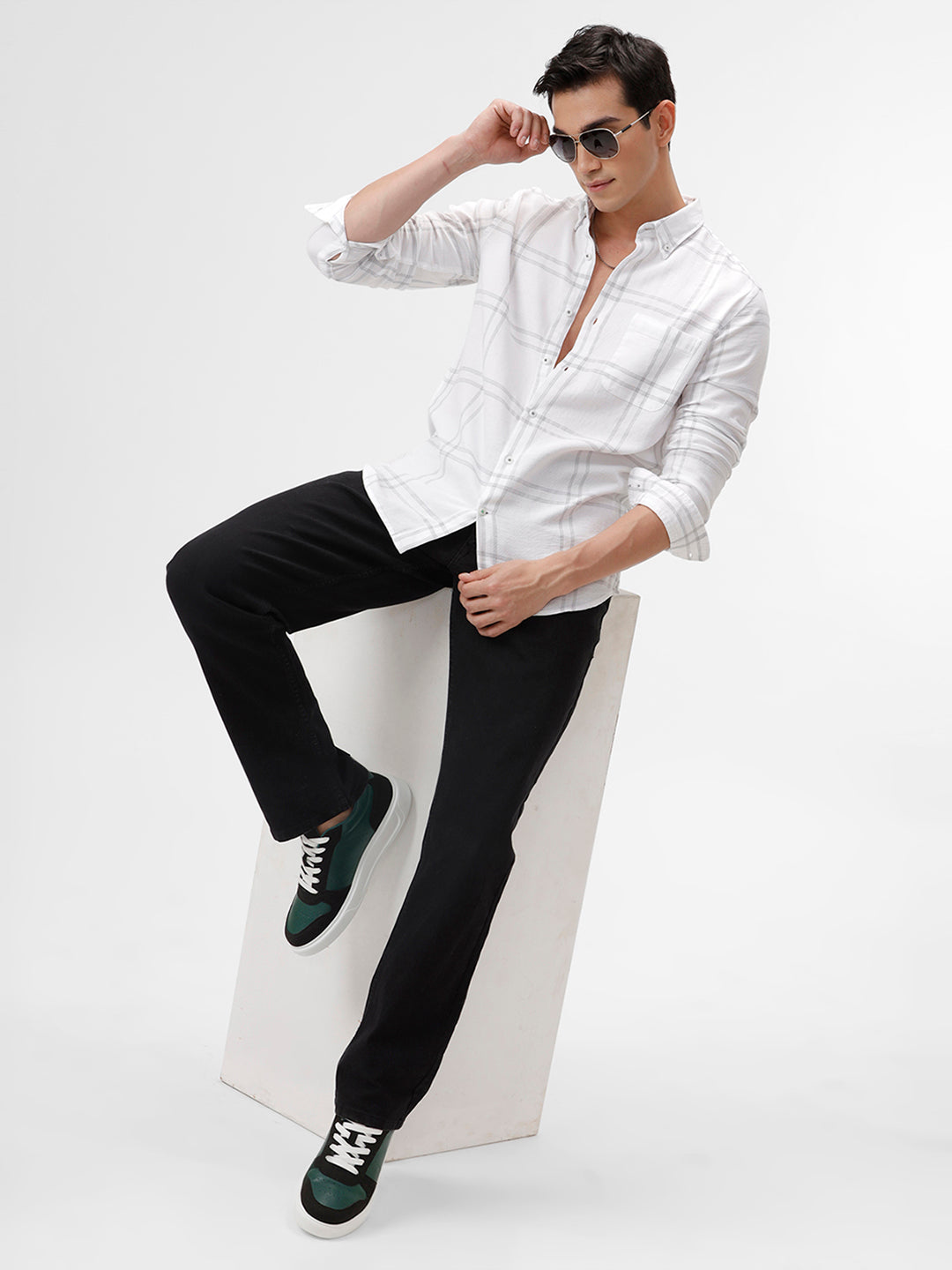 White Casual Shirt with Subtle Check Pattern – The Collection