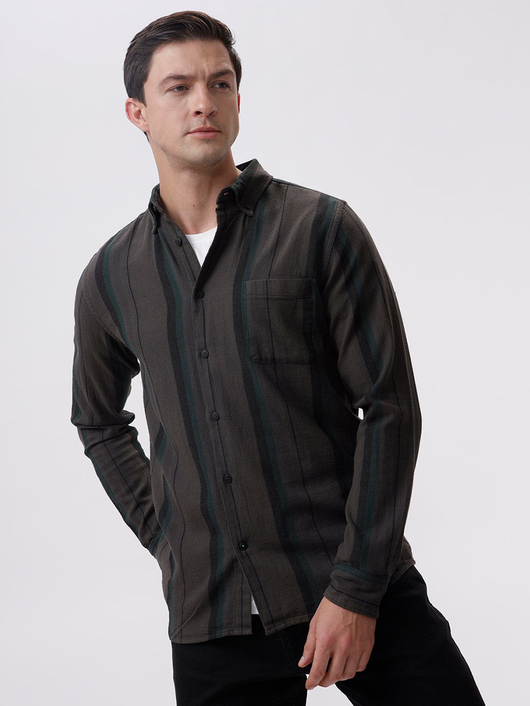 Lock Grey Stripes Slim Fit Cotton Casual Shirt