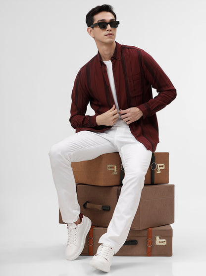 Think Maroon Slim Fit Cotton Casual Shirt