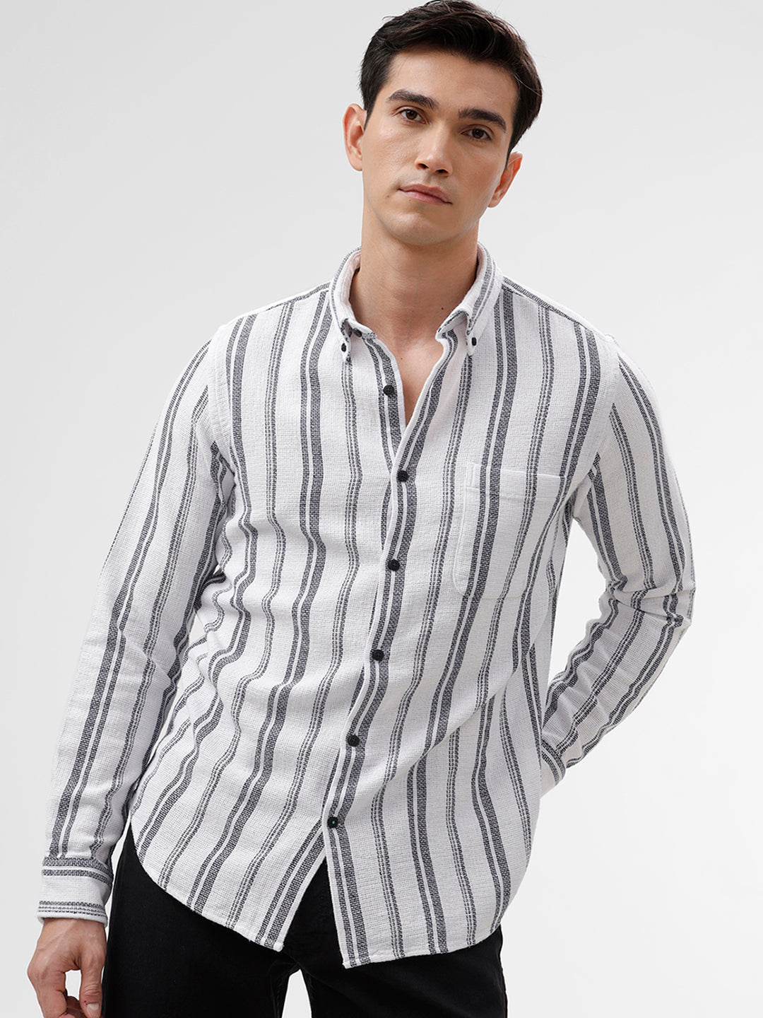 The Collection Mount Slim Fit Shirt - White with Navy Stripes