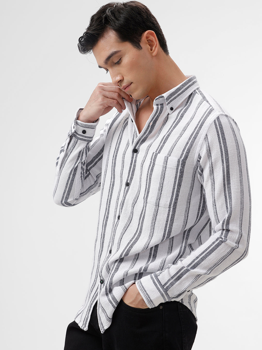 The Collection Mount Slim Fit Shirt - White with Navy Stripes