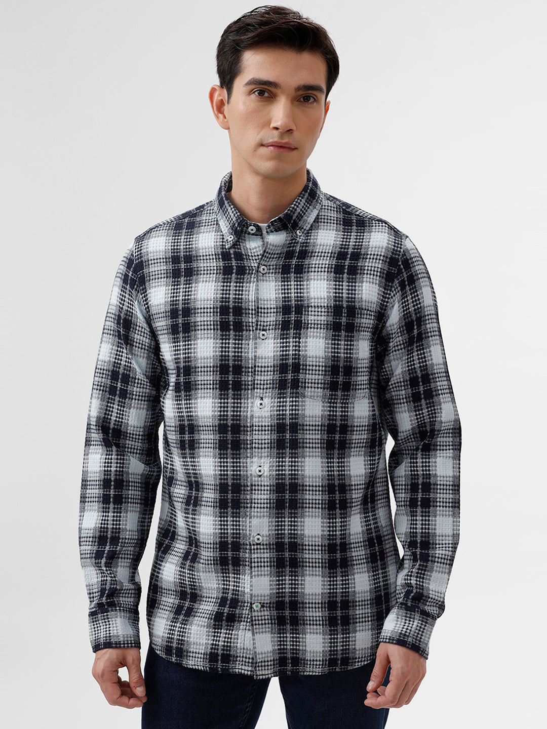 Navy &amp; White Checked Slim Fit Shirt