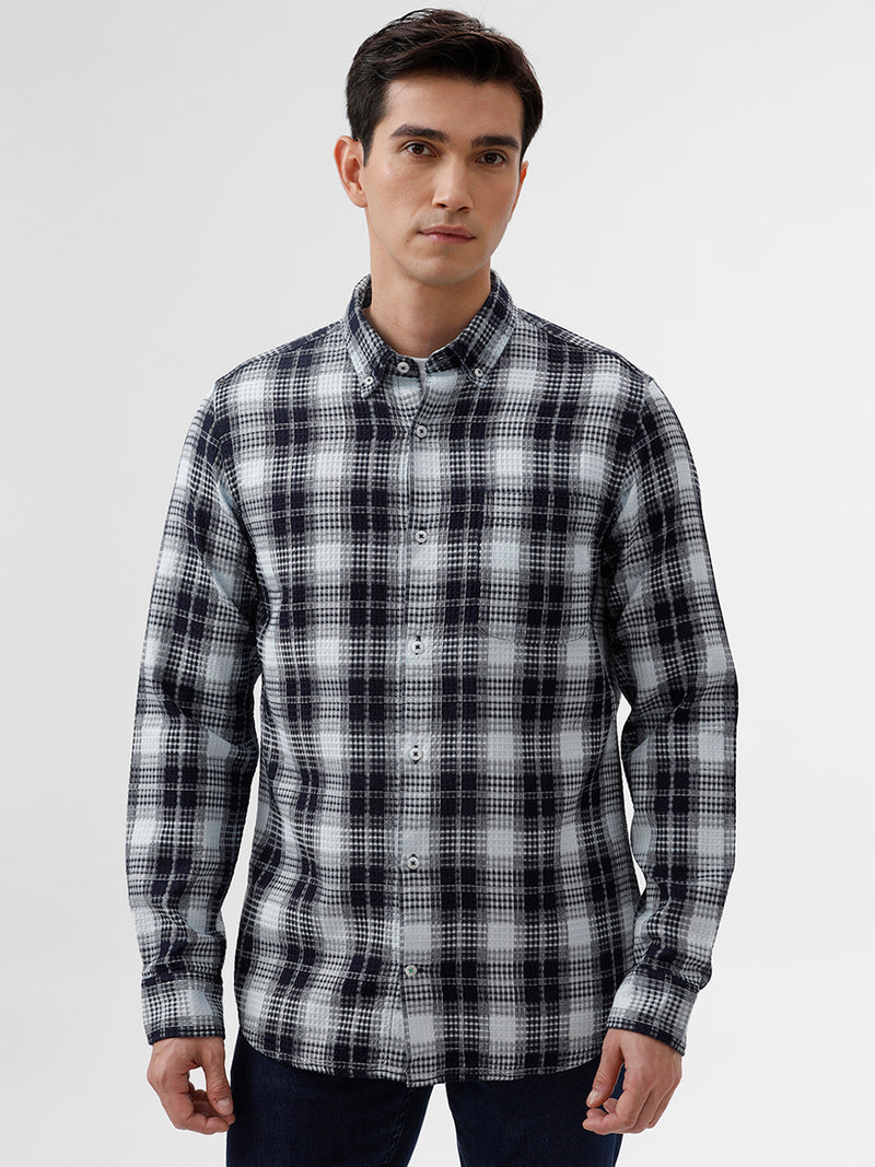 Navy & White Checked Slim Fit Shirt