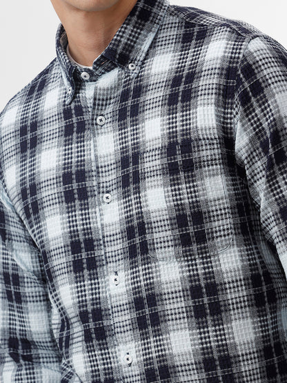 Navy &amp; White Checked Slim Fit Shirt