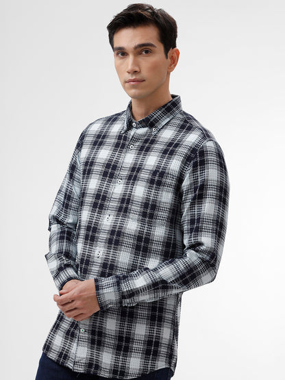 Navy &amp; White Checked Slim Fit Shirt