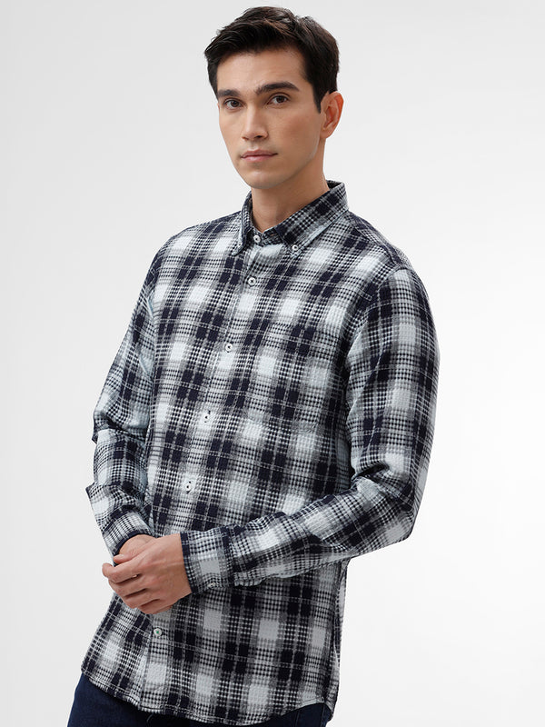 Navy & White Checked Slim Fit Shirt