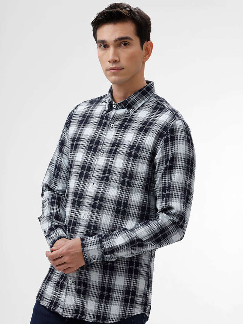 Navy & White Checked Slim Fit Shirt