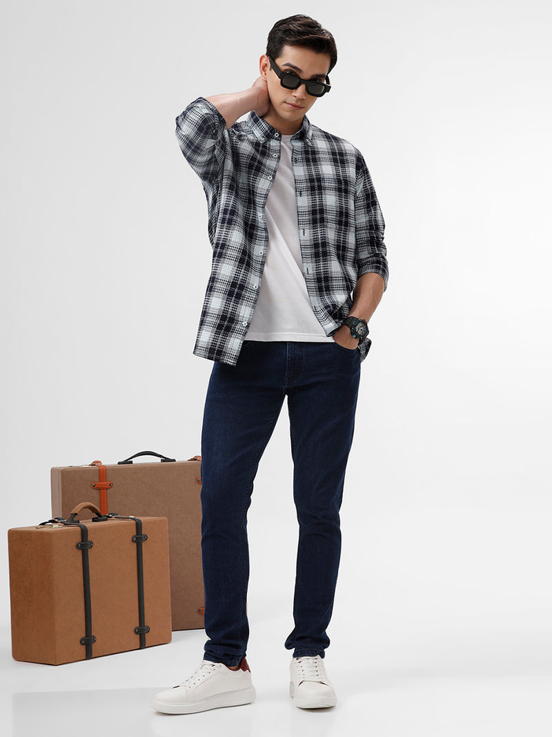 Navy & White Checked Slim Fit Shirt