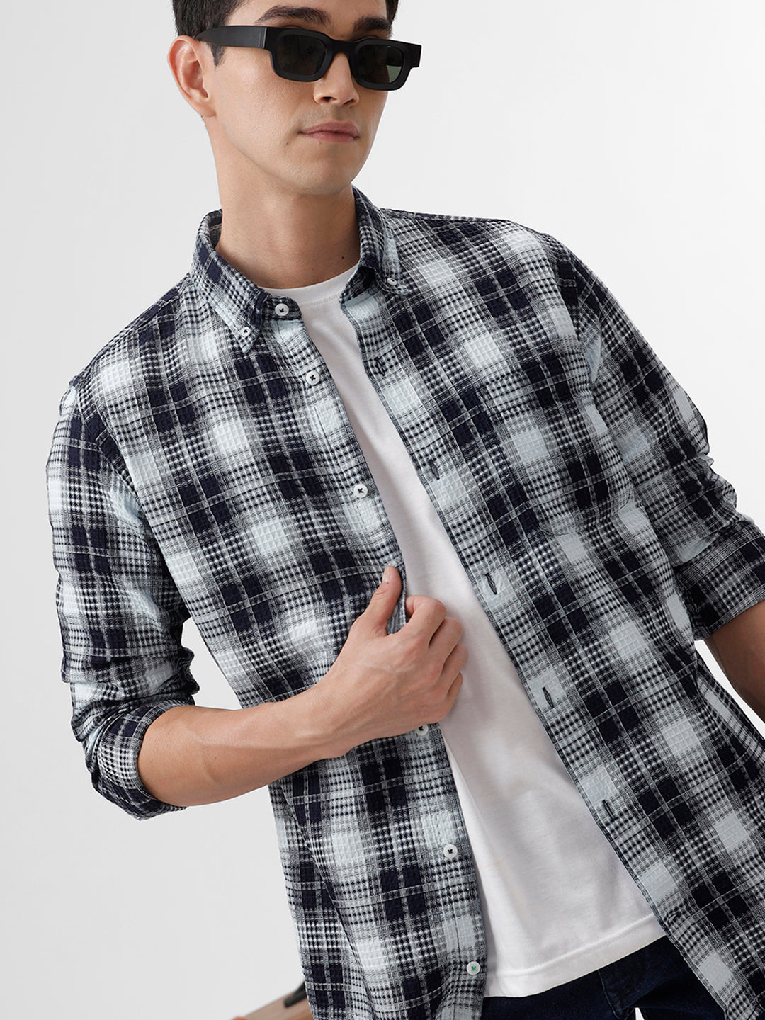 Navy &amp; White Checked Slim Fit Shirt