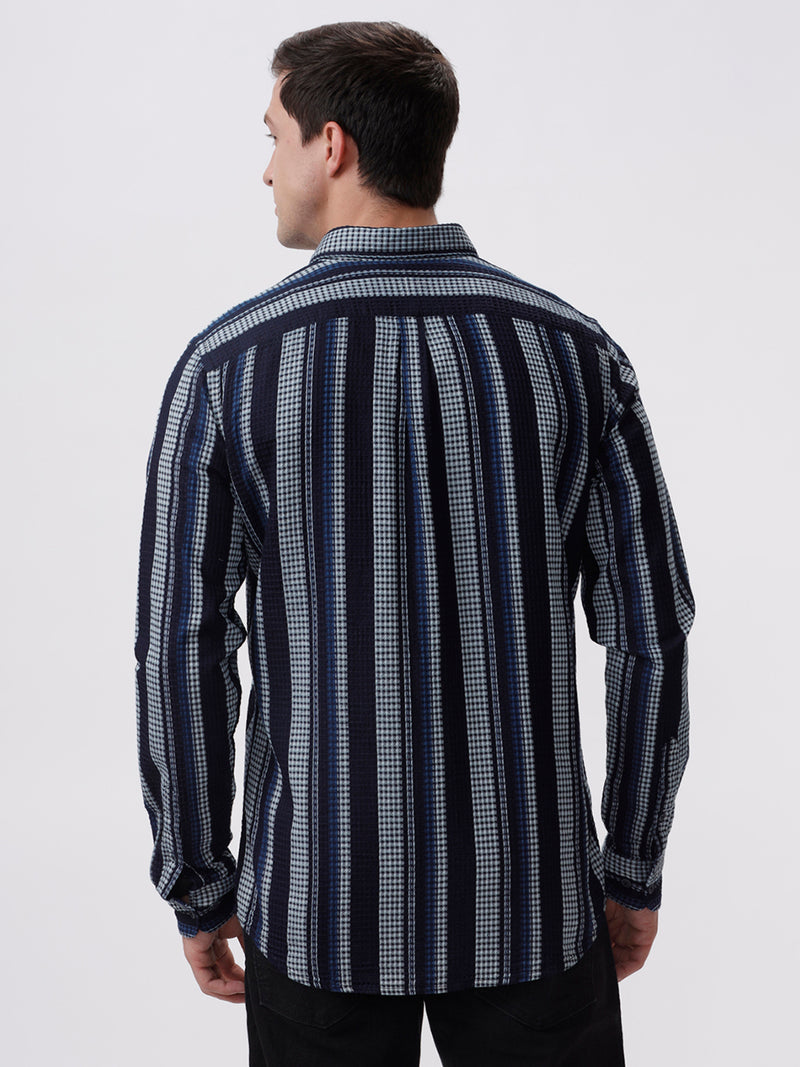 Men's Lift Navy-White Stripes Cotton Slim Fit Shirt