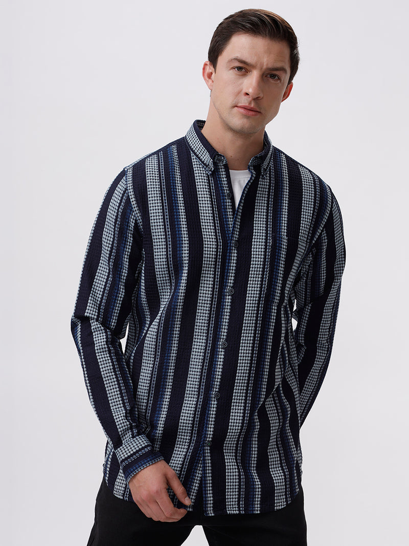 Men's Lift Navy-White Stripes Cotton Slim Fit Shirt