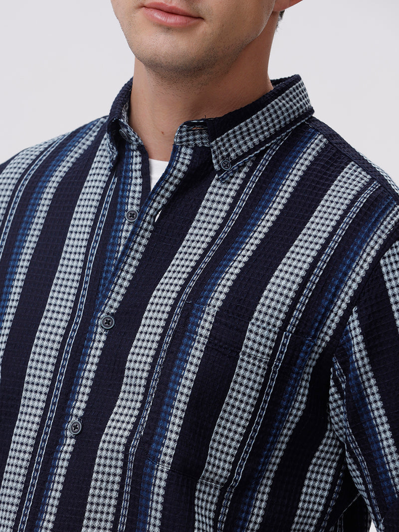 Men's Lift Navy-White Stripes Cotton Slim Fit Shirt