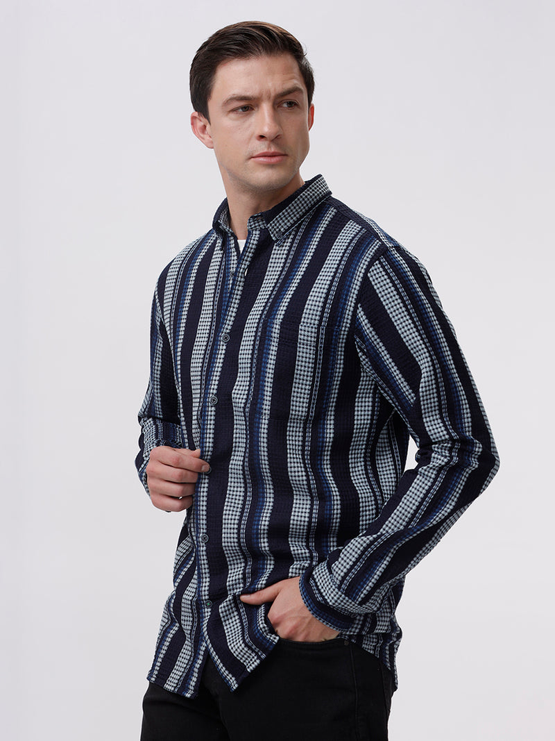 Men's Lift Navy-White Stripes Cotton Slim Fit Shirt