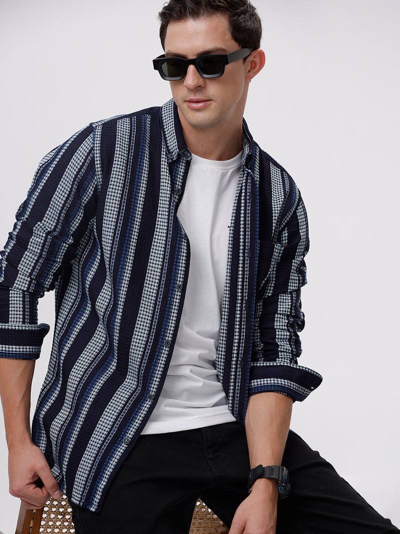 Men's Lift Navy-White Stripes Cotton Slim Fit Shirt