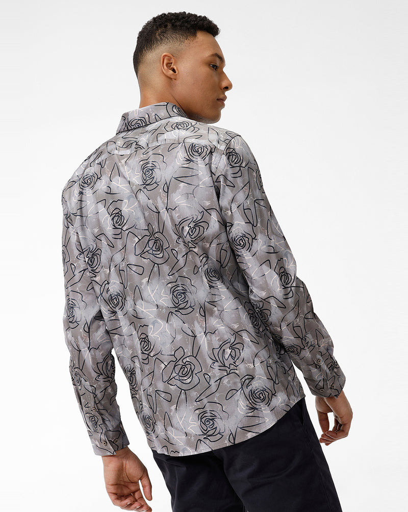 Grey Rose Print Casual Shirt