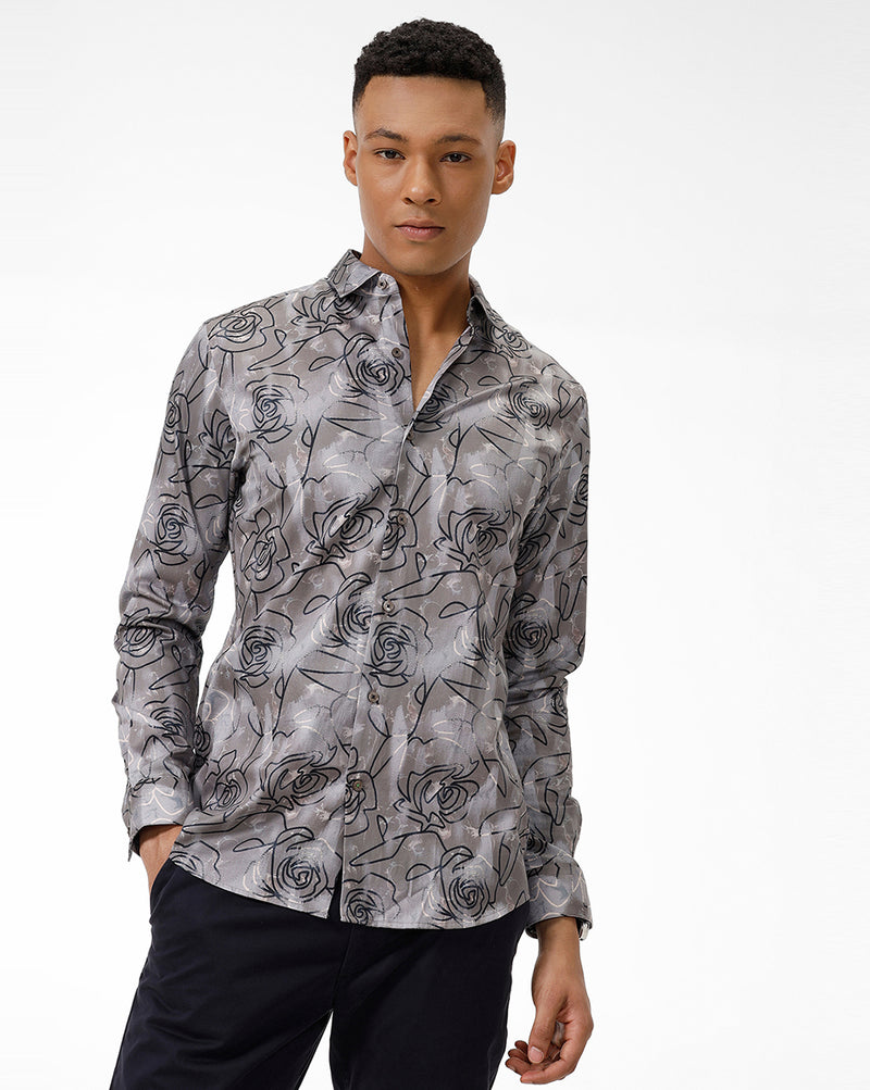 Grey Rose Print Casual Shirt