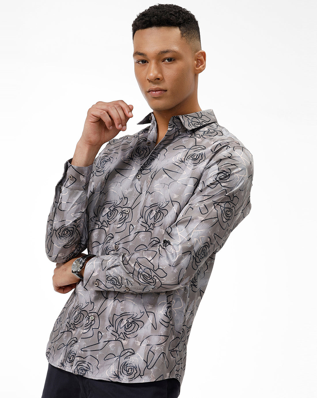 Grey Rose Print Casual Shirt