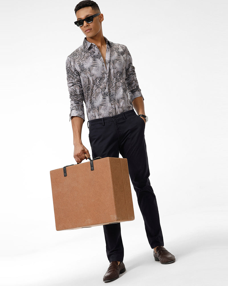 Grey Rose Print Casual Shirt