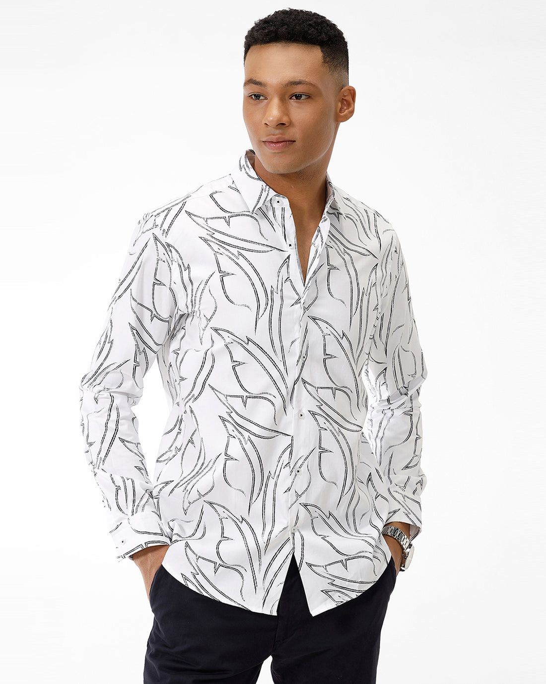 Black Leaf Print Casual Shirt