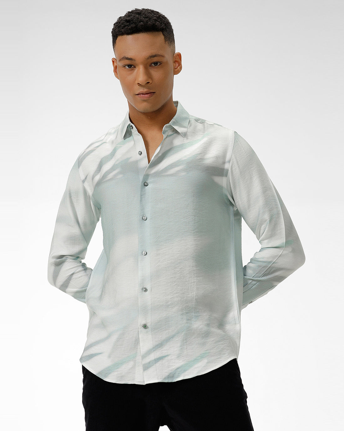 Green Blurred Leaf Print Casual Shirt