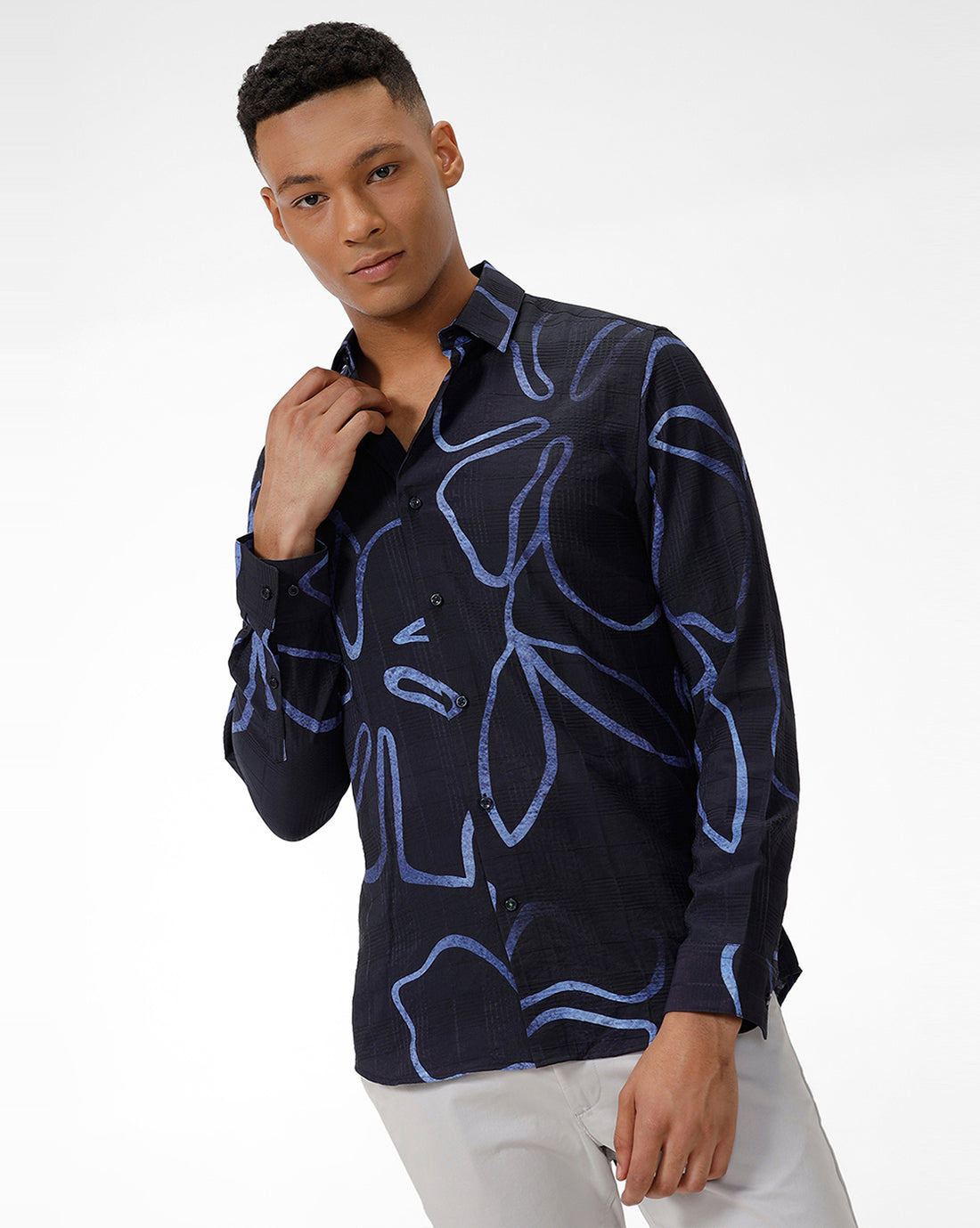 Navy Leaf Print Shirt