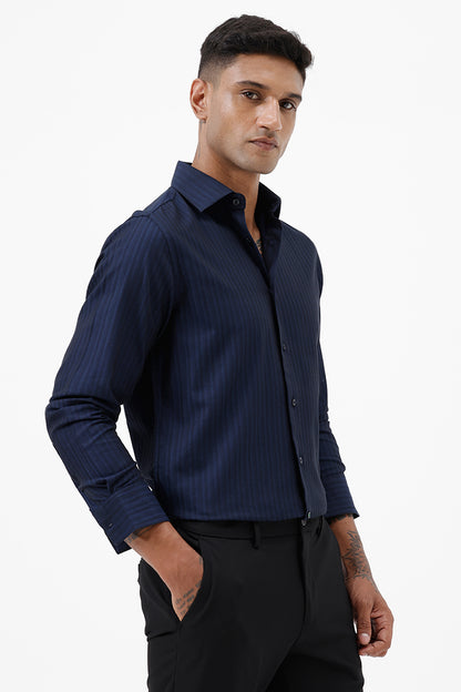 NAVY COTTON SELF STRIPE SHIRT