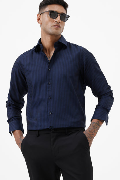 NAVY COTTON SELF STRIPE SHIRT