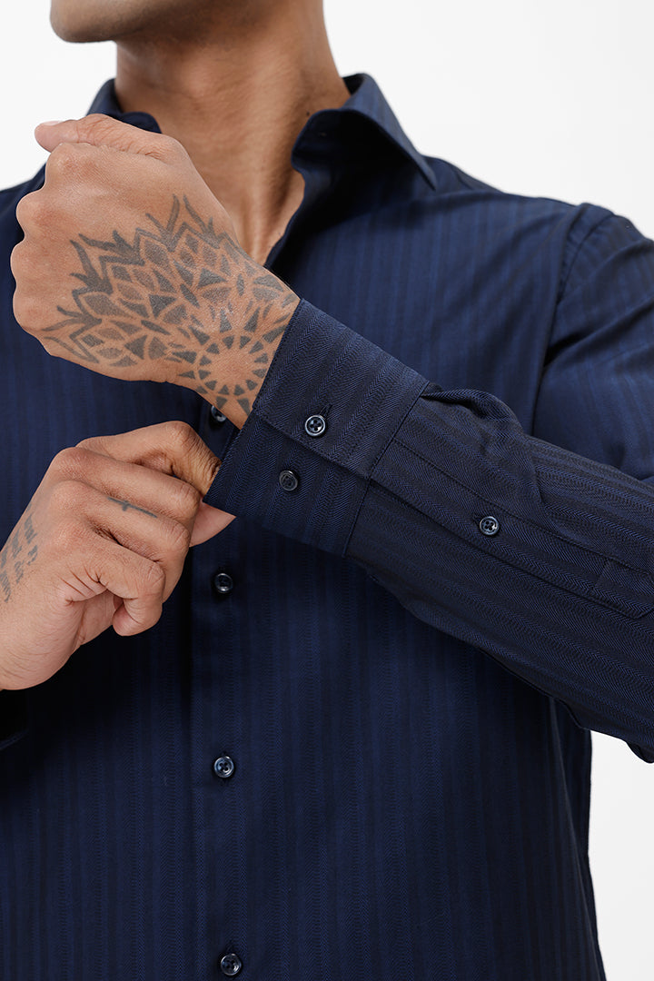 NAVY COTTON SELF STRIPE SHIRT