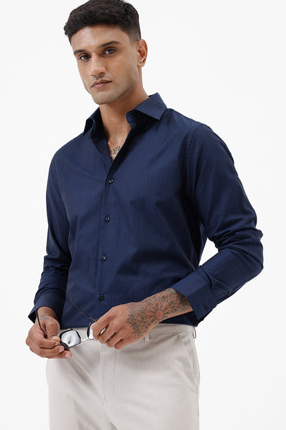 NAVY COTTON SELF STRIPE SHIIRT