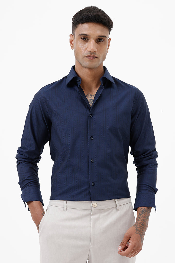 NAVY COTTON SELF STRIPE SHIIRT