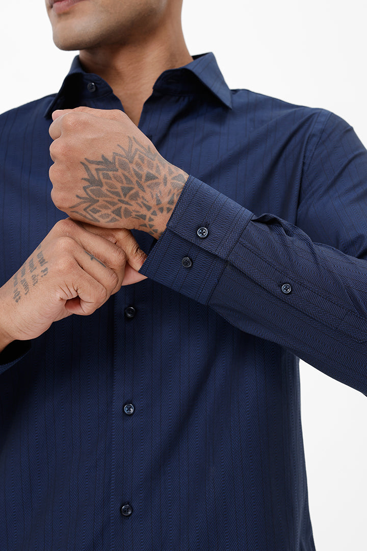NAVY COTTON SELF STRIPE SHIIRT