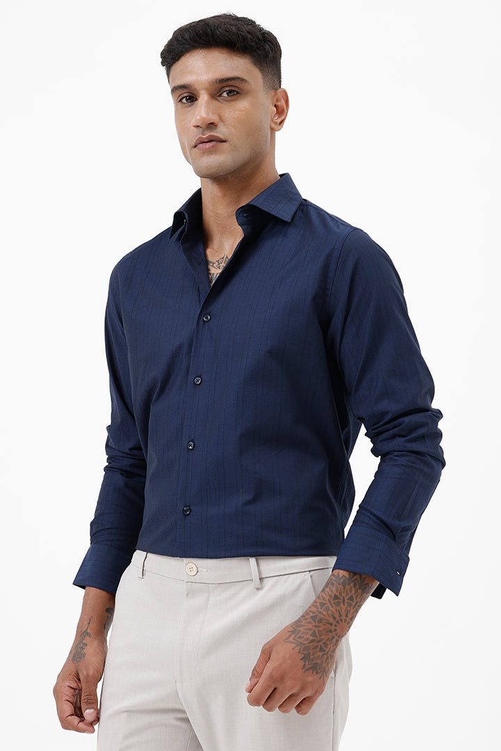 NAVY COTTON SELF STRIPE SHIIRT