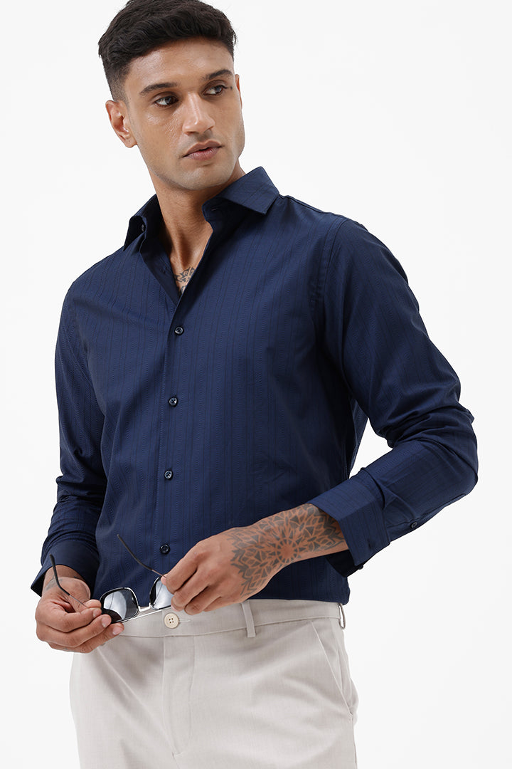 NAVY COTTON SELF STRIPE SHIIRT