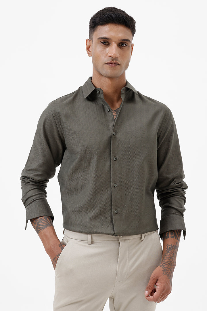 GREEN HERRINGBONE COTTON SHIRT