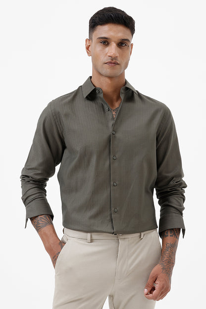 GREEN HERRINGBONE COTTON SHIRT