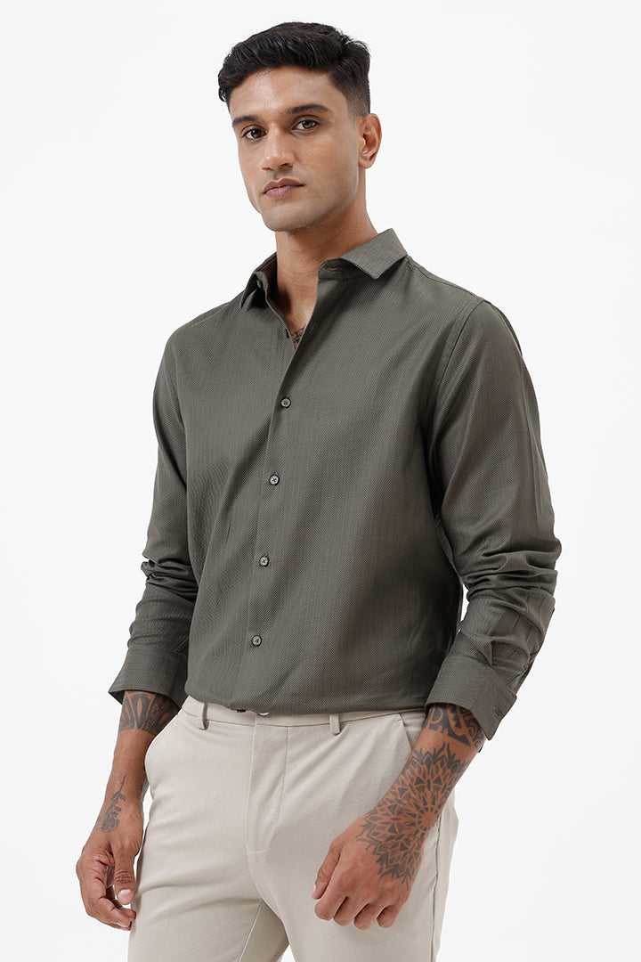 GREEN HERRINGBONE COTTON SHIRT
