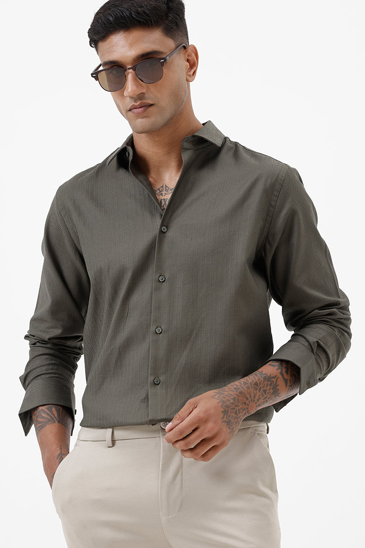 GREEN HERRINGBONE COTTON SHIRT