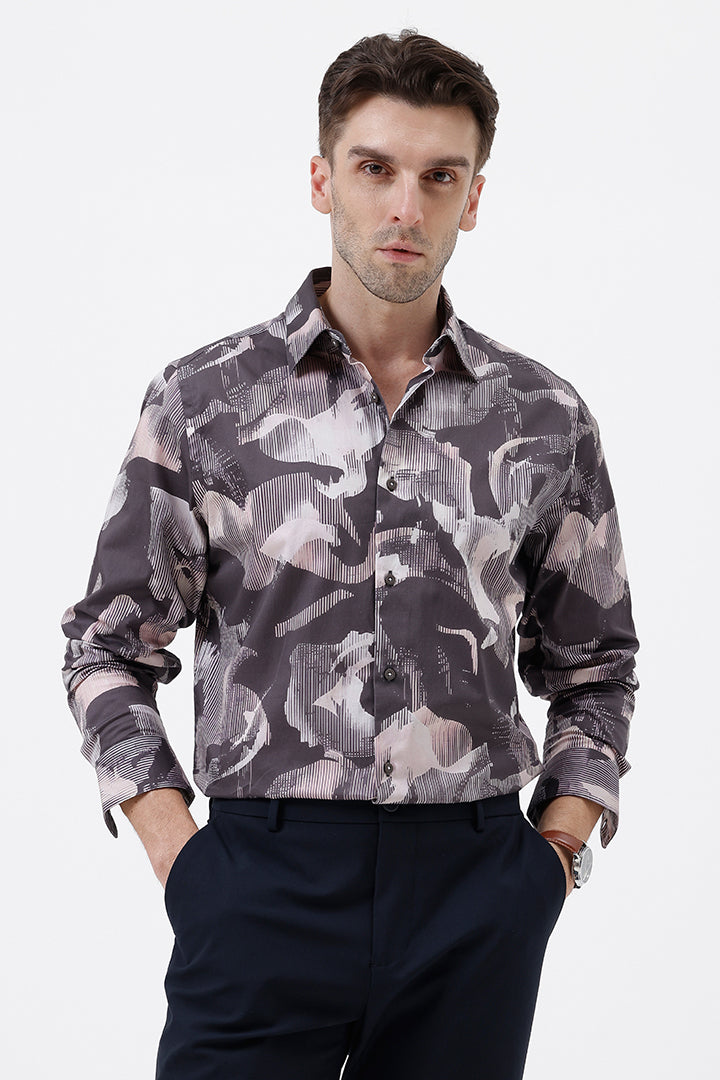 COFFEE BROWN COTTON PRINT SHIRT