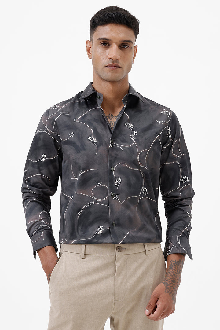 BROWN LEAF COTTON PRINT SHIRT