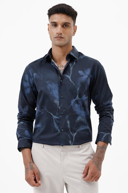 NAVY LEAF COTTON PRINT SHIRT