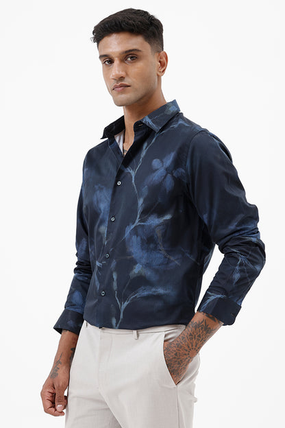 NAVY LEAF COTTON PRINT SHIRT